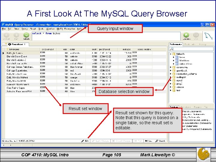 A First Look At The My. SQL Query Browser Query input window Database selection