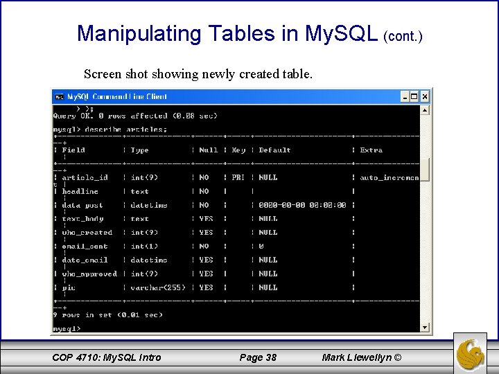 Manipulating Tables in My. SQL (cont. ) Screen shot showing newly created table. COP