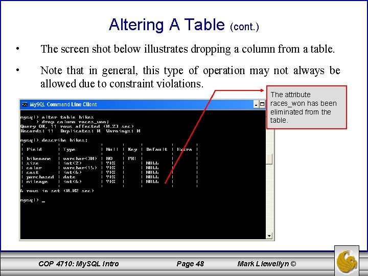 Altering A Table (cont. ) • The screen shot below illustrates dropping a column