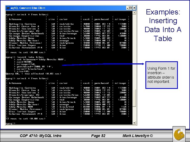 Examples: Inserting Data Into A Table Using Form 1 for insertion – attribute order