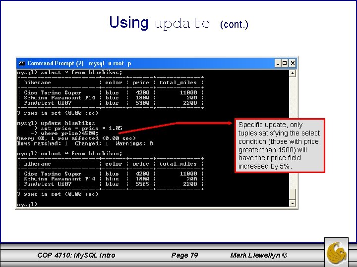 Using update (cont. ) Specific update, only tuples satisfying the select condition (those with