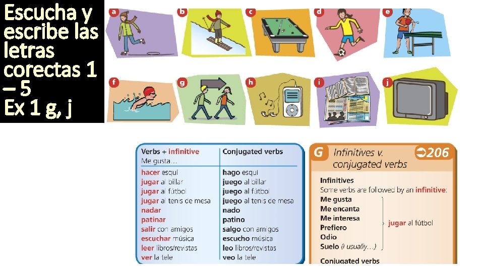 Escucha y escribe las letras corectas 1 – 5 Ex 1 g, j 