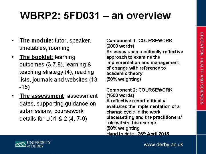 WBRP 2: 5 FD 031 – an overview • The module: tutor, speaker, timetables,