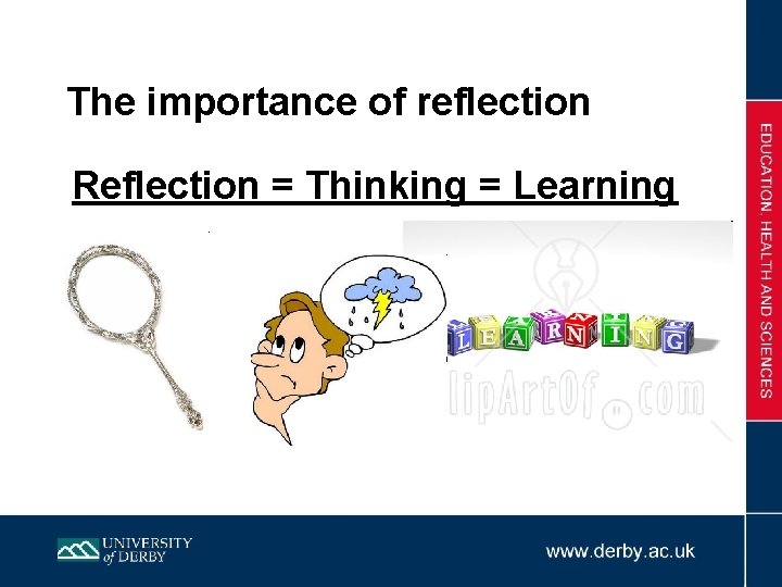 The importance of reflection Reflection = Thinking = Learning 