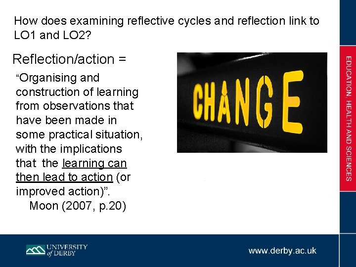 How does examining reflective cycles and reflection link to LO 1 and LO 2?