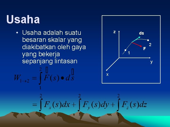 Usaha • Usaha adalah suatu besaran skalar yang diakibatkan oleh gaya yang bekerja sepanjang