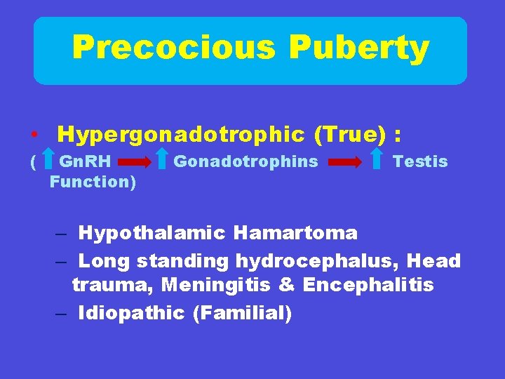 Precocious Puberty • Hypergonadotrophic (True) : ( Gn. RH Function) Gonadotrophins Testis – Hypothalamic
