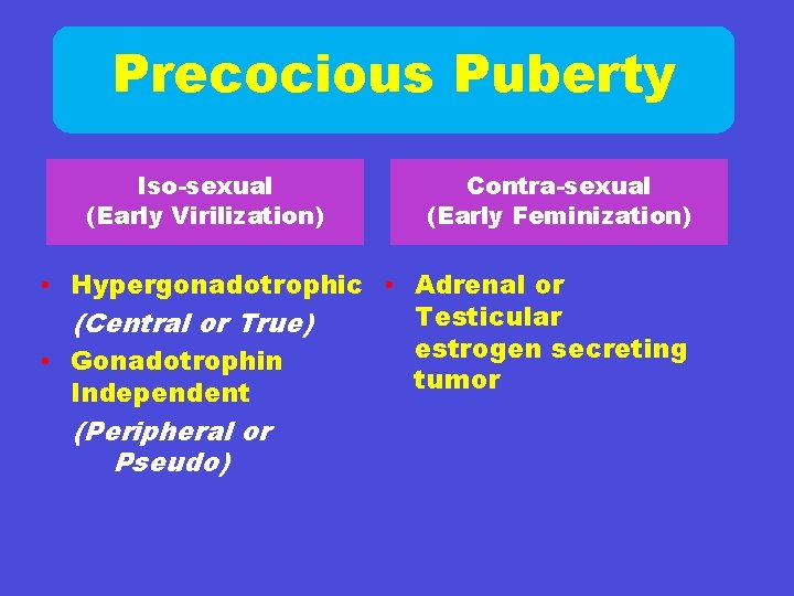 Precocious Puberty Iso-sexual (Early Virilization) Contra-sexual (Early Feminization) • Hypergonadotrophic • Adrenal or Testicular