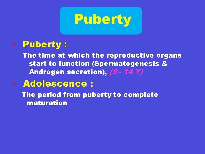 Puberty • Puberty : The time at which the reproductive organs start to function