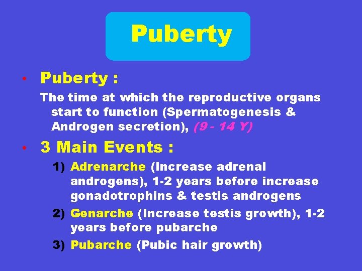 Puberty • Puberty : The time at which the reproductive organs start to function