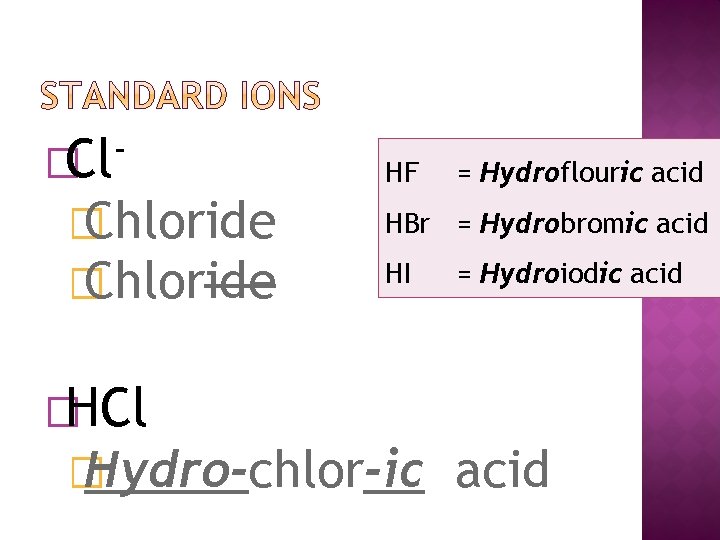 �Cl � Chloride HF = Hydroflouric acid HBr = Hydrobromic acid HI = Hydroiodic