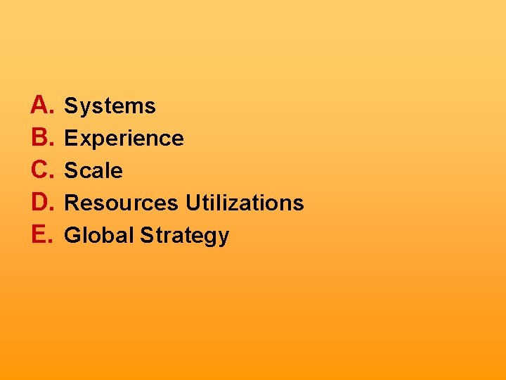 A. B. C. D. E. Systems Experience Scale Resources Utilizations Global Strategy 