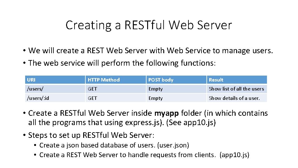 Creating a RESTful Web Server • We will create a REST Web Server with