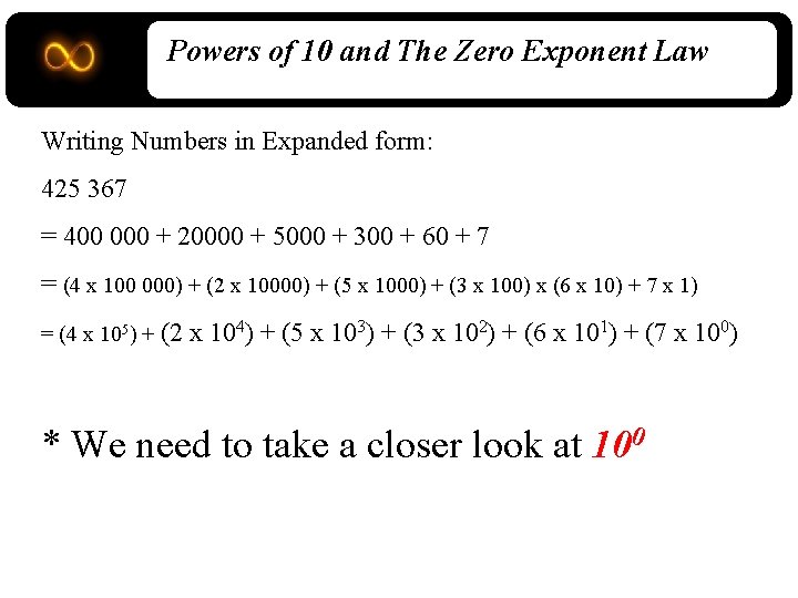 Powers of 10 and The Zero Exponent Law Writing Numbers in Expanded form: 425