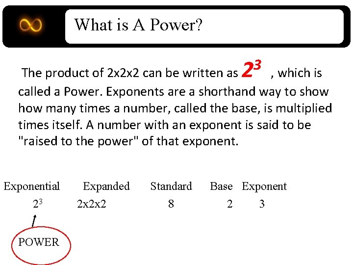 What is A Power? 3 The product of 2 x 2 x 2 can