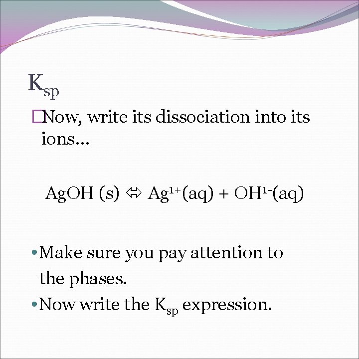 Ksp �Now, write its dissociation into its ions… Ag. OH (s) Ag 1+(aq) +