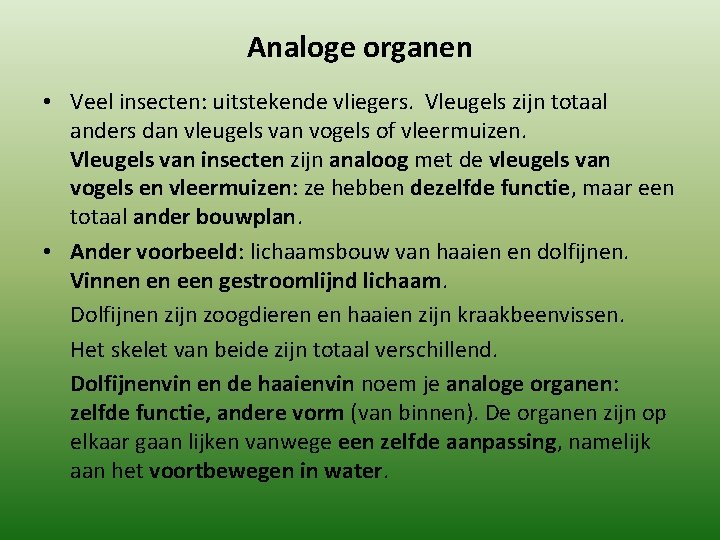 Analoge organen • Veel insecten: uitstekende vliegers. Vleugels zijn totaal anders dan vleugels van