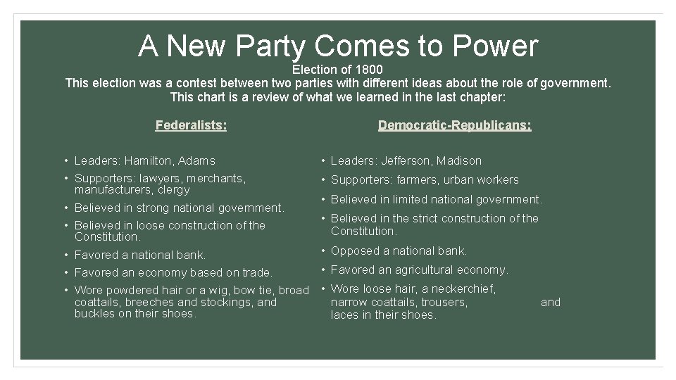 A New Party Comes to Power Election of 1800 This election was a contest