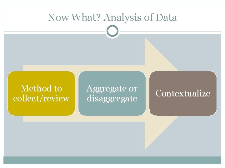 Now What? Analysis of Data Method to collect/review Aggregate or disaggregate Contextualize 