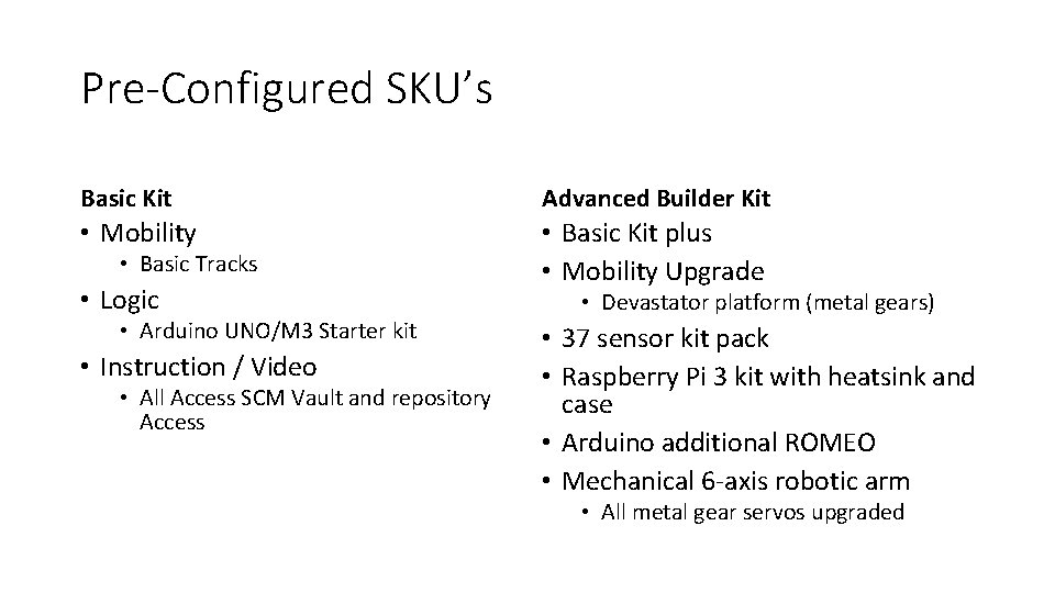 Pre-Configured SKU’s Basic Kit Advanced Builder Kit • Mobility • Basic Kit plus •
