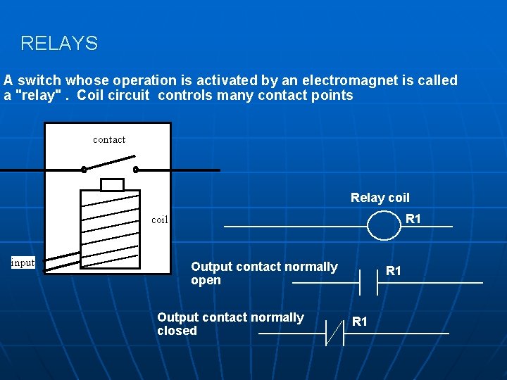 RELAYS A switch whose operation is activated by an electromagnet is called a "relay". RELAYS A switch whose operation is activated by an electromagnet is called a "relay".
