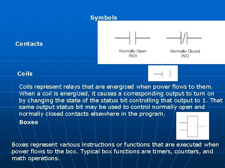 Symbols Contacts Coils represent relays that are energized when power flows to them. When Symbols Contacts Coils represent relays that are energized when power flows to them. When