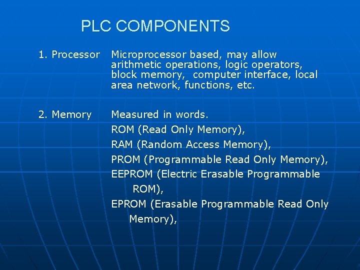 PLC COMPONENTS 1. Processor Microprocessor based, may allow arithmetic operations, logic operators, block memory, PLC COMPONENTS 1. Processor Microprocessor based, may allow arithmetic operations, logic operators, block memory,