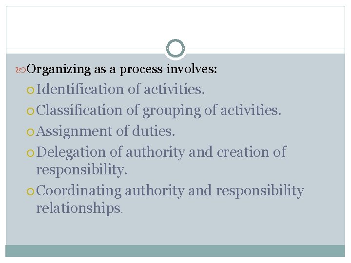  Organizing as a process involves: Identification of activities. Classification of grouping of activities.
