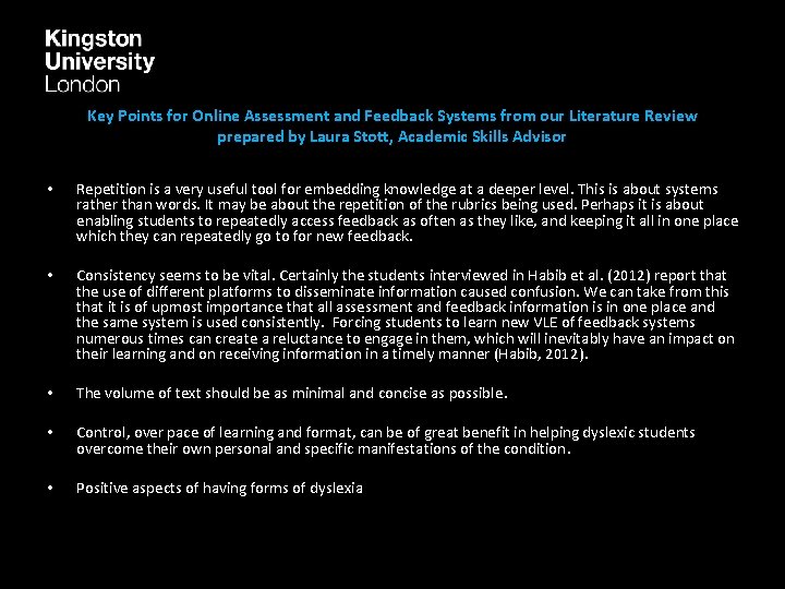 Key Points for Online Assessment and Feedback Systems from our Literature Review prepared by