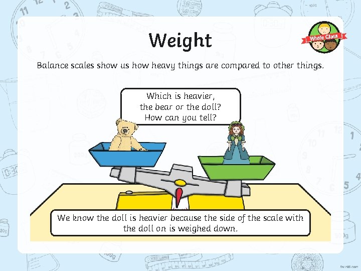 Weight Balance scales show us how heavy things are compared to other things. Which