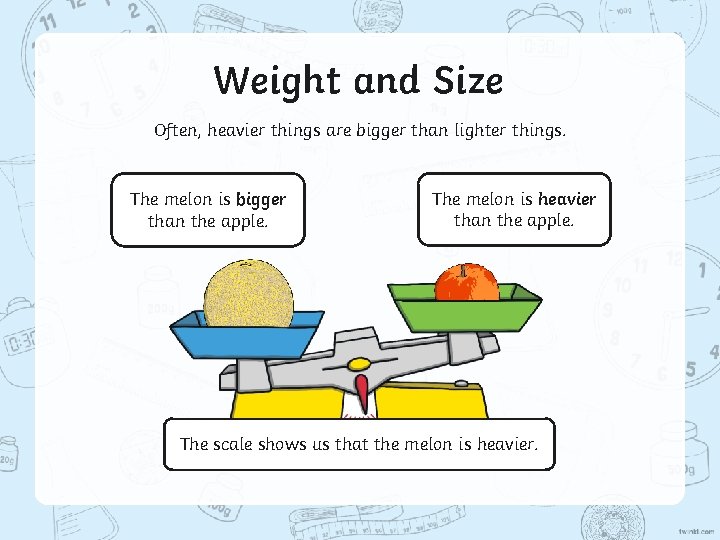 Weight and Size Often, heavier things are bigger than lighter things. The melon is