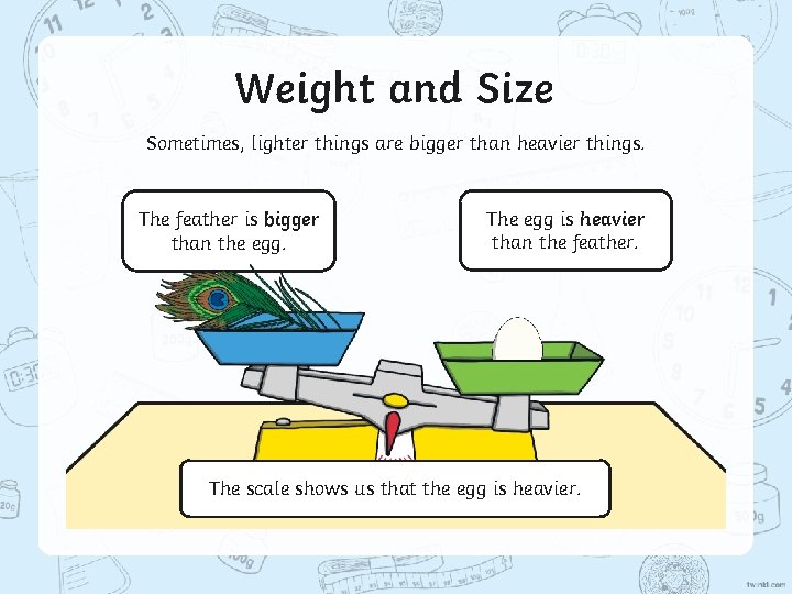 Weight and Size Sometimes, lighter things are bigger than heavier things. The feather is