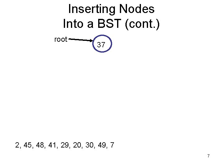 Inserting Nodes Into a BST (cont. ) root 37 2, 45, 48, 41, 29,