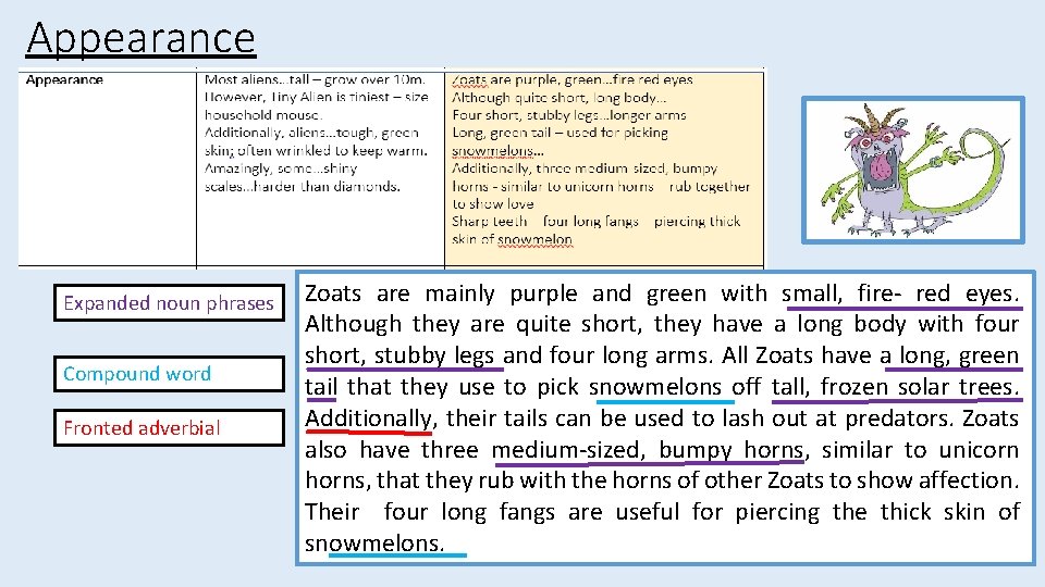 Appearance Expanded noun phrases Compound word Fronted adverbial Zoats are mainly purple and green