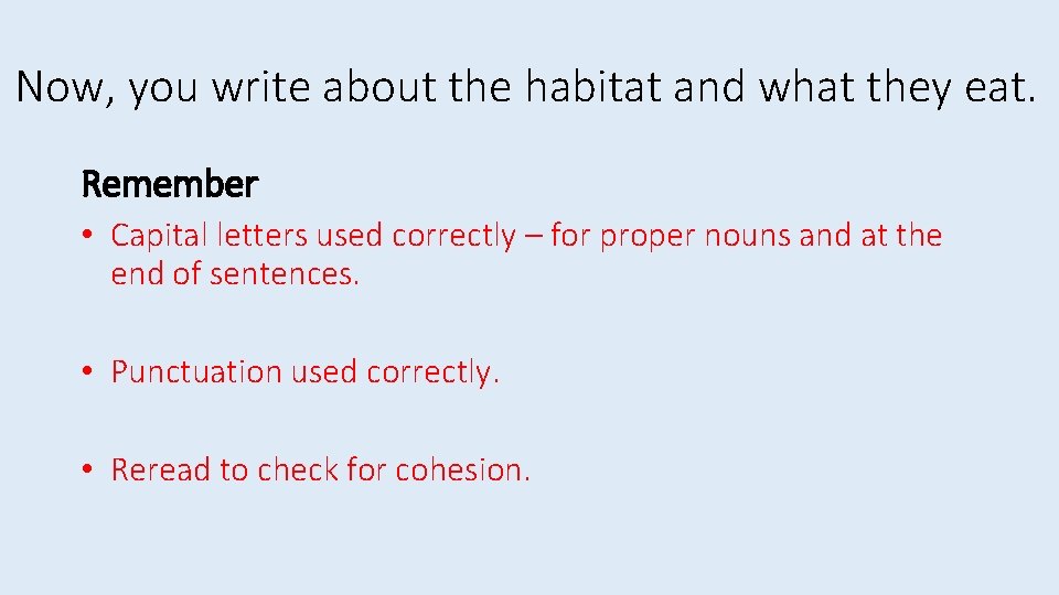Now, you write about the habitat and what they eat. Remember • Capital letters
