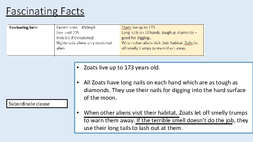 Fascinating Facts • Zoats live up to 173 years old. Subordinate clause • All
