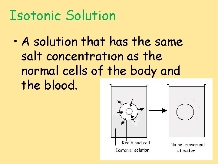 Isotonic Solution • A solution that has the same salt concentration as the normal