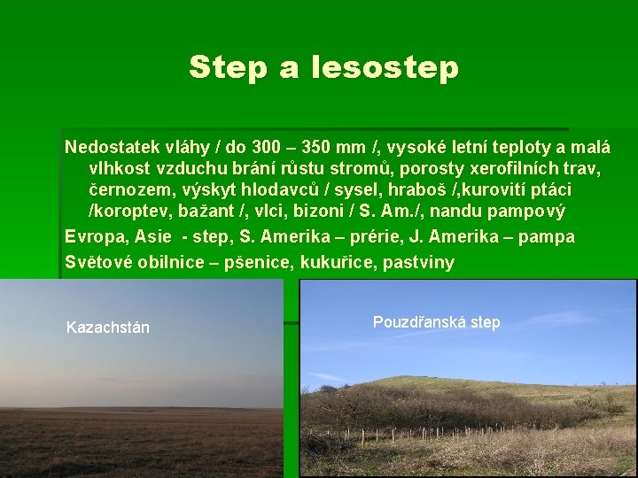 Step a lesostep Nedostatek vláhy / do 300 – 350 mm /, vysoké letní