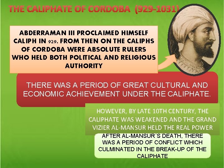 THE CALIPHATE OF CORDOBA (929 -1031) ABDERRAMAN III PROCLAIMED HIMSELF CALIPH IN 929. FROM