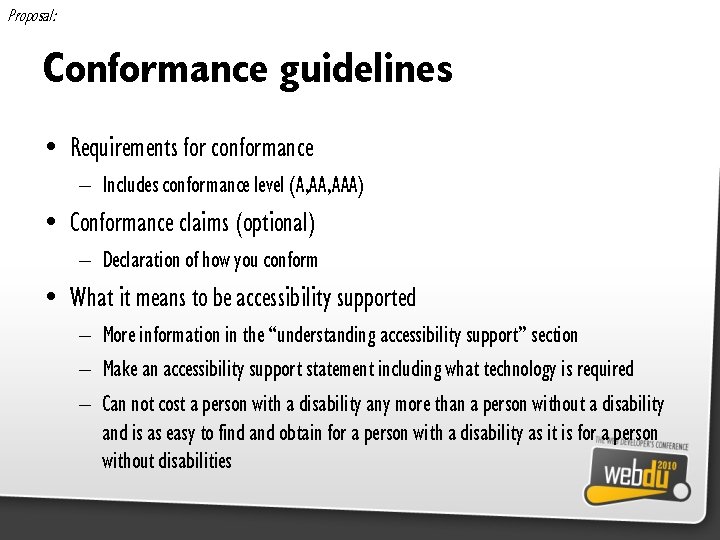 Proposal: Conformance guidelines • Requirements for conformance – Includes conformance level (A, AAA) •