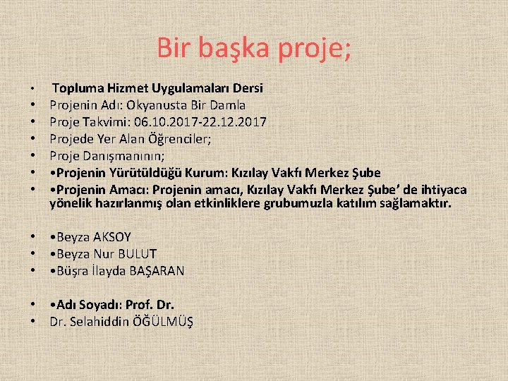 Bir başka proje; • • Topluma Hizmet Uygulamaları Dersi Projenin Adı: Okyanusta Bir Damla