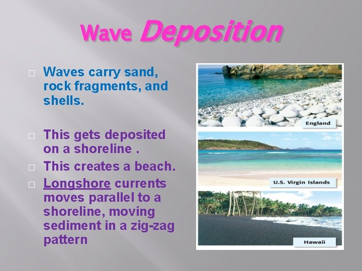 Wave Deposition � Waves carry sand, rock fragments, and shells. � This gets deposited