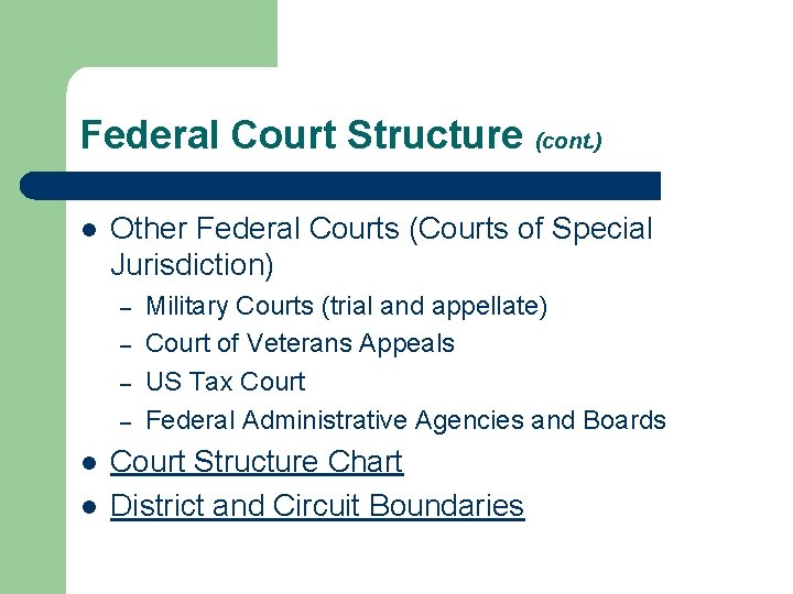 Federal Court Structure (cont. ) l Other Federal Courts (Courts of Special Jurisdiction) –