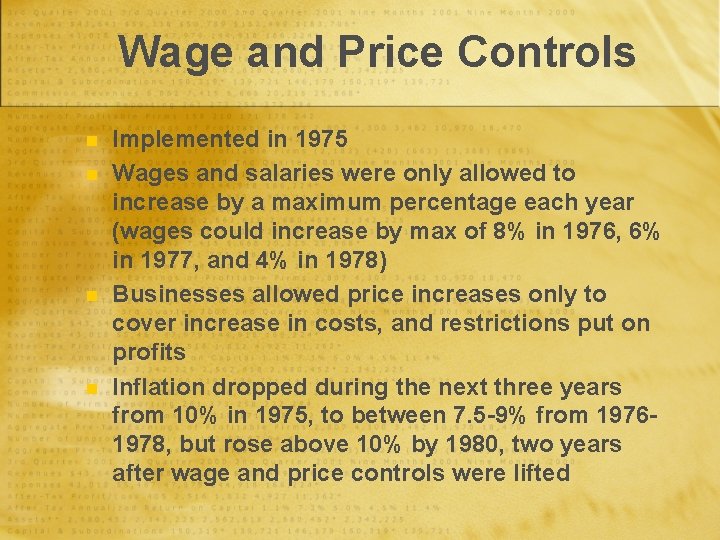 Wage and Price Controls n n Implemented in 1975 Wages and salaries were only