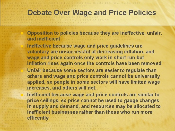 Debate Over Wage and Price Policies n n Opposition to policies because they are