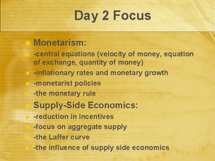 Day 2 Focus n Monetarism: n n -central equations (velocity of money, equation of