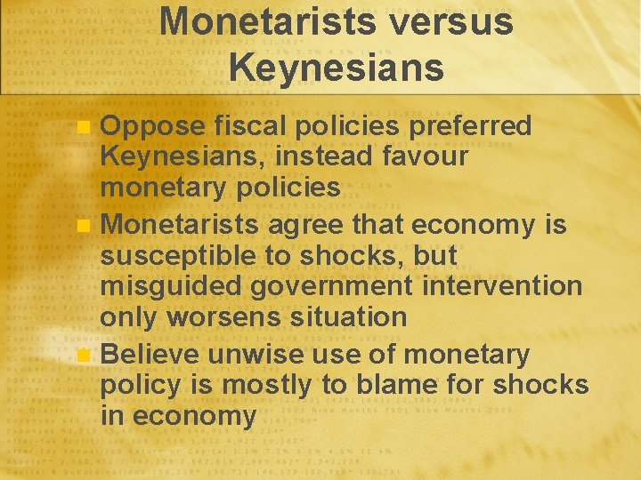 Monetarists versus Keynesians Oppose fiscal policies preferred Keynesians, instead favour monetary policies n Monetarists