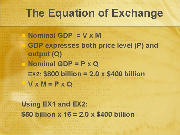 The Equation of Exchange Nominal GDP = V x M n GDP expresses both