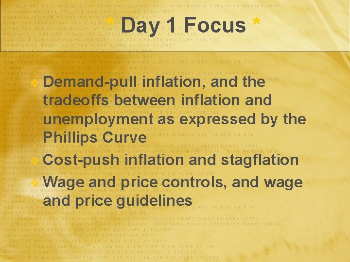* Day 1 Focus * v Demand-pull inflation, and the tradeoffs between inflation and