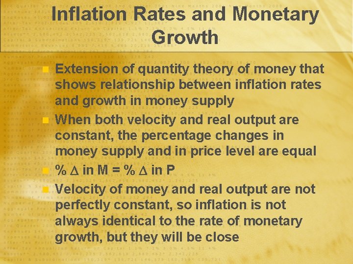 Inflation Rates and Monetary Growth n n Extension of quantity theory of money that
